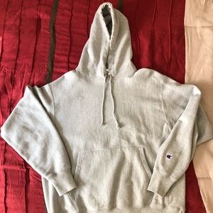 Gray reverse weave Champion hoodie.